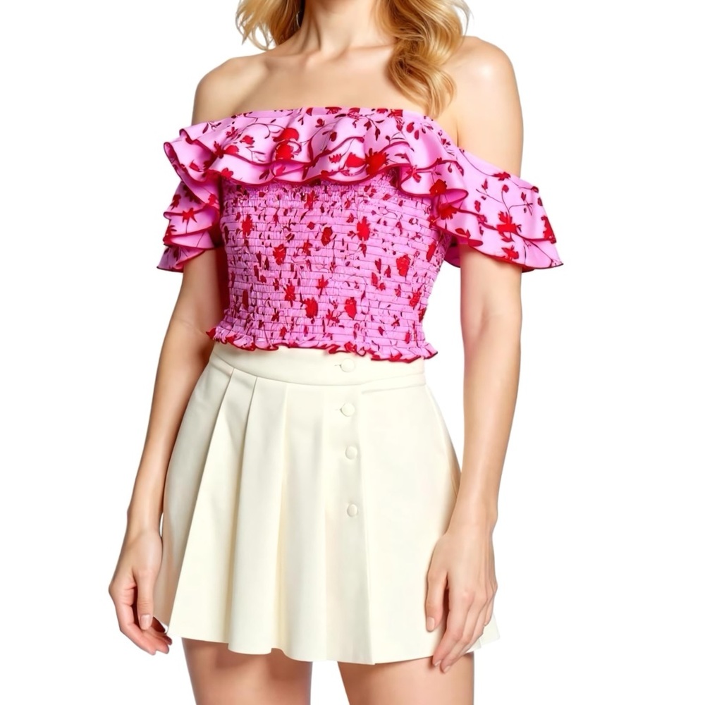Likely Pink Off-Shoulder Ruffle Smocked Floral Top
